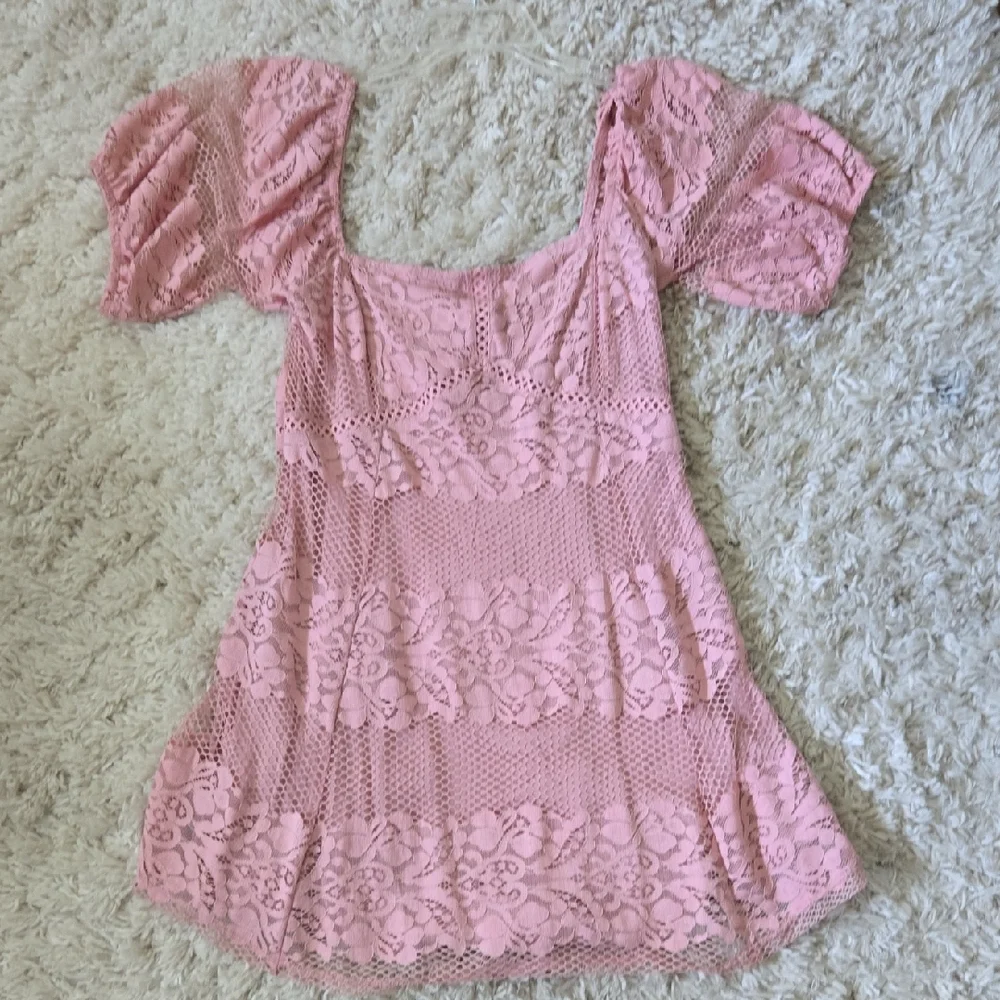Free People Pink Lace Puff-Sleeve Tunic Dress